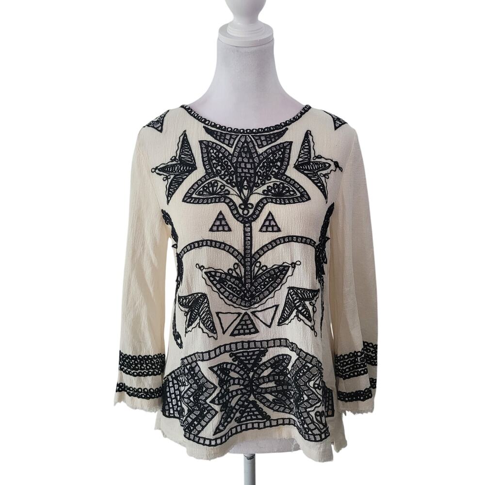 Free People Size XS Tunic‎ Women Black Embroidered Boho New Romantics Open Back